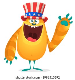 Cartoon funny monster wearing Amirican uncle Sam hat on USA Independence Day . Vector illustration of alien creature character. Design for print, poster or invitation to 4th of July holiday