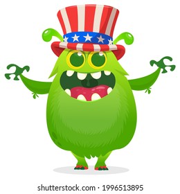 Cartoon funny monster wearing Amirican uncle Sam hat on USA Independence Day . Vector illustration of alien creature character. Design for print, poster or invitation to 4th of July holiday