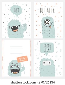 Cartoon and funny monsters cards with place for your text. Set of cute doodle monster greeting or invitation card. Retro colors. Be happy. Good luck. Vector illustration