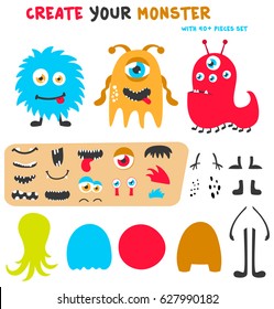 Cartoon Funny Monsters Creation Kit. Create Your Own Monster Set. Vector Illustration