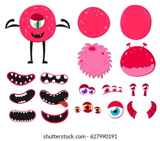 Cartoon Funny Monsters Creation Kit. Create Your Own Monster Set. Vector Illustration