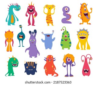 Cartoon funny monsters, cute characters of vector alien animals and Halloween beasts with happy faces, comic mouths, fun teeth, eyes and horns. Crazy monsters, space creatures, bacteria and viruses