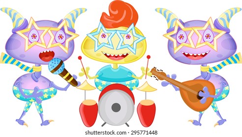 Cartoon funny monsters.  Rock band of colorful aliens. Monster rock band playing music.  Guitar, drum and microphone.