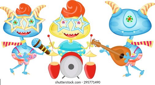 Cartoon funny monsters.  Rock band of colorful aliens. Monster rock band playing music.  Guitar, drum and microphone.