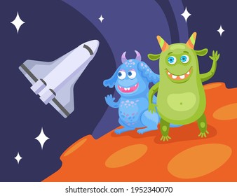 Cartoon funny monsters in space flat vector illustration. Cute colorful creatures characters watching and waving flying spaceship. Fairytale, halloween, magic animals concept for children design, apps