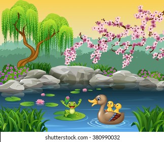 Cartoon funny mother duck with frog on the lily water