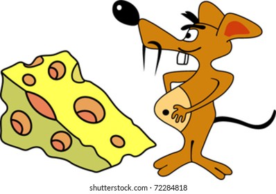 cartoon funny mouse with a full stomach cheese
