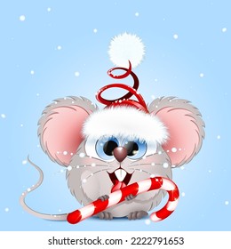 Cartoon funny mouse Santa Claus with sweet candy cane under snowfall.