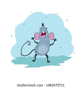 Cartoon funny mouse singing a song. 2020 Year Chinese symbol. Comic mascot screams. Rat or mouse character. Rodent animal. Scratchy style. Vector illustration on colorful background.