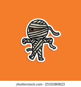 Cartoon funny mummy in bandage vector illustration design isolated on orange background, sticker for halloween