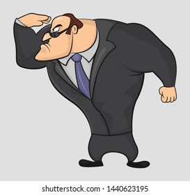 Cartoon Funny Muscular Vector Guard In A Suit Looking For Bad Guys In Suit And Sunglasses. Strong Athletic Man In Black Clothes. Protection Of Property And Individual.