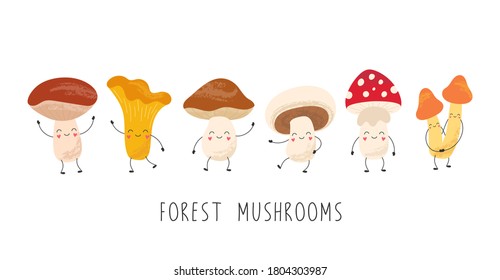 Cartoon funny mushrooms, cute characters: chanterelles, amanita, champignons, porcini, boletus, honey agarics. Isolated vector illustrations on white background.
