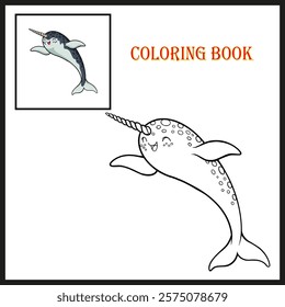 Cartoon funny narwhal for coloring book