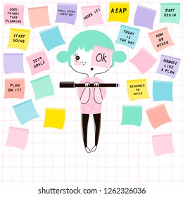 cartoon funny nerdy planner girl writing inspirational phrases on note paper, kawaii style character, pastel colours simple flat vector graphic, office stationery concept illustration