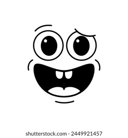 Cartoon funny nervous smile, comic groovy face emotion, retro cute emoji character. Isolated vector monochrome hesitant facial expression conveys discomfort or anxiety with a forced uneasy grin