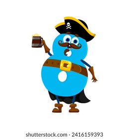 Cartoon funny number 8 pirate or corsair character in tricorn hat with rum mug, isolated vector. Number eight in costume of pirate or marine filibuster and buccaneer in pirate hat with Caribbean rum