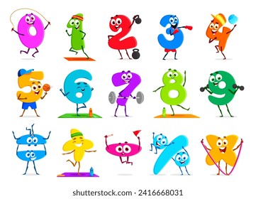 Cartoon funny number sportsman characters. Vector set of adorable and humorous numeral athletes. One, two, three, four and five. Six, seven, eight, nine and zero engaging in playful sports competition