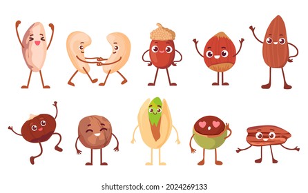 Cartoon funny nut, bean and seed characters with faces. Happy walnut, oak acorn, peanut, almond and cashew. Healthy snack mascot vector set. Illustration of cartoon hazelnut and cashew