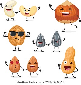 Cartoon funny nuts, sunflower seed, cashew, hazelnut, walnut, peanut and almond, set of Cute characters, Isolated on white background 