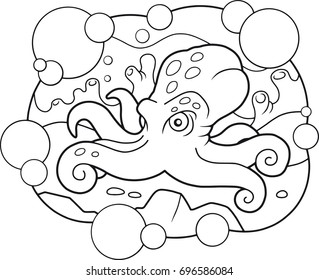 Cartoon funny octopus lies on the bottom of the sea