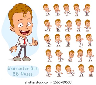 Cartoon Funny Office Boy Character With Red Tie In Different Positions. Layered Vector For Animations. Isolated On White Background. Big Icon Set.