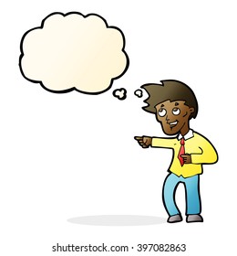 cartoon funny office man pointing with thought bubble