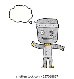 cartoon funny old robot with thought bubble