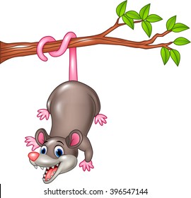 Cartoon funny Opossum on a Tree Branch