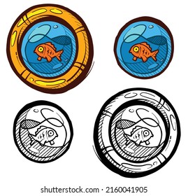 Cartoon Funny Orange Gold Fish In Blue Aquarium Or Porthole. Vector Icon Set Isolated On White Background.