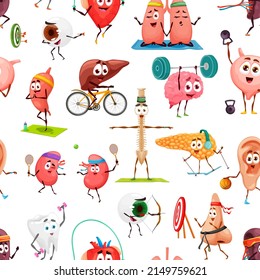 Cartoon funny organs seamless pattern, human body parts and anatomy vector background. Pattern of organs characters in sport and fitness, brain with barbell, kidney playing tennis and liver on bicycle