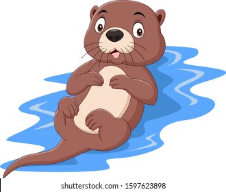 Cartoon funny otter floating on water