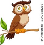 Cartoon funny owl on tree branch