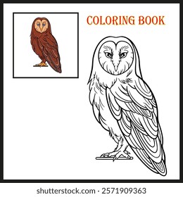 Cartoon funny owl on tree branch for coloring book