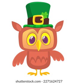 Cartoon funny owl wearing green St Patrick's hat with a clover on it. Vector illustration for Saint Patrick's Day. Party poster design