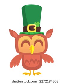 Cartoon funny owl wearing green St Patrick's hat with a clover on it. Vector illustration for Saint Patrick's Day. Party poster design