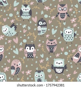 Cartoon funny owls, seamless pattern, cute animals, collection design charming birds, cartoon style vector illustration. Popular decorative ornament, stylish print element, used in textile industry