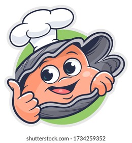 Cartoon funny oyster cook on the green round background.