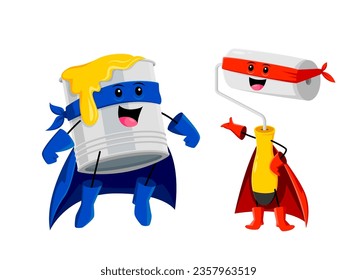 Cartoon funny paint can and roller superhero characters unite ready to conquer any wall with their comical charm and vibrant colors. Isolated vector diy tools, powerful supplies super hero personages