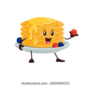 Cartoon funny pancakes or crepes fast food dessert character, vector personage. Pancakes or crepes with happy smile on face and sweet sauce for fast food breakfast and sweet dessert character emoji
