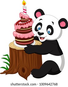 Cartoon funny panda with birthday cake