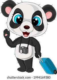 Panda divertido de caricatura con cámara y equipaje