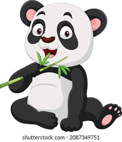 Cartoon funny panda eating bamboo leaves