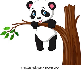 Cartoon funny panda hanging on the tree