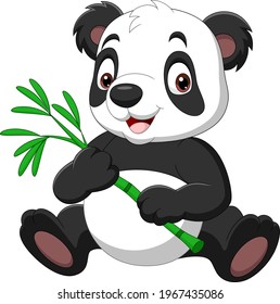 Cartoon funny panda holding bamboo