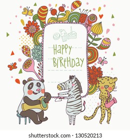 Cartoon funny panda, zebra and leopard congratulating happy birthday. Nice holiday card in vector