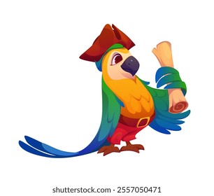 Cartoon funny parrot bird pirate captain character holding a map. Isolated vector feathered corsair personage with cocked hat, ready for high seas nautical adventures and searching hidden treasures