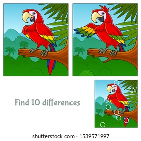 Cartoon funny parrot. Find 10 differences. Educational game for children. Cartoon vector illustration.