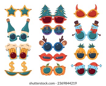 Cartoon funny party glasses. Colorful carnival sunglasses. Different shapes eyewear. Hippy psychedelic fashion elements. Masquerade spectacles. Plastic lens frames