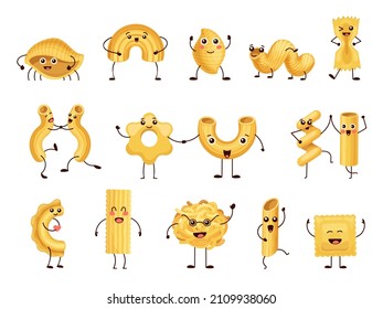 Cartoon funny pasta characters, italian macaroni mascot emoji. Comic happy spaghetti, penne and fusilli with face, hands and legs vector set. Noodles for childish restaurant menu food