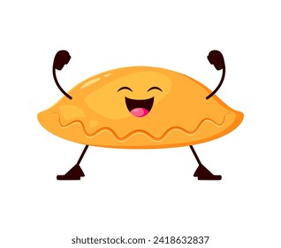 Cartoon funny patty, bread or bakery character. Isolated vector whimsical pie with smiling face, crust and tasty filling. Playful and inviting food personage, ready for delightful adventure in flavor